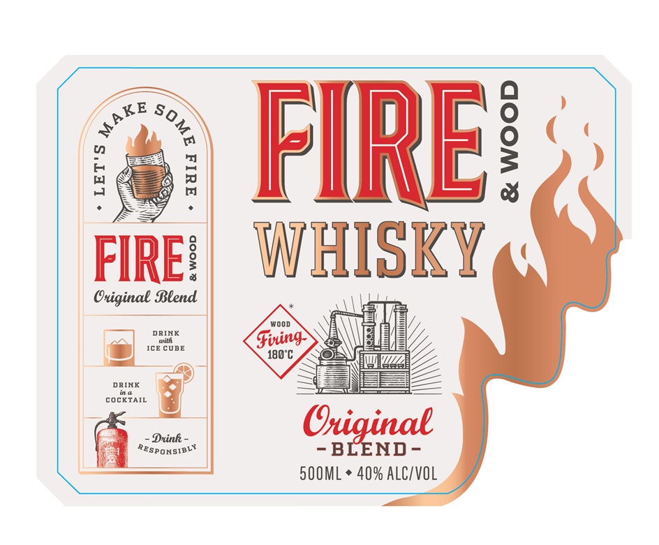 FIRE & WOOD WHISKY ORIGINAL BLEND WOOD FIRING LET'S MAKE SOME FIRE DRINK WITH ICE CUBE DRINK IN A COCKTAIL DRINK RESPONSIBLY
