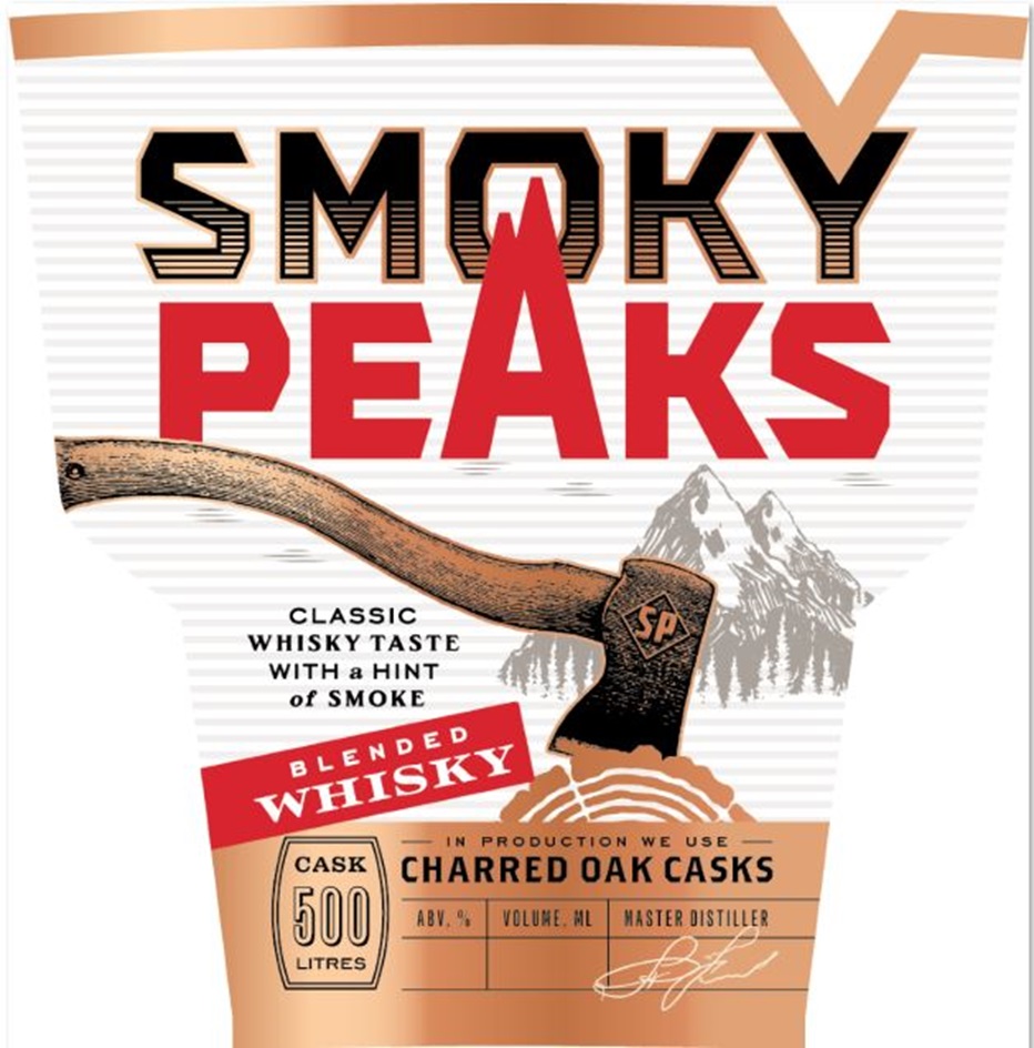 SMOKY PEAKS, SP, CLASSIC WHISKY TASTE WITH a HINT of SMOKE, BLENDED WHISKY, IN PRODUCTION WE USE CHARRED OAK CASKS, "ABV,%", «VOLUME, ML», MASTER DISTILLER, Cask 500 Litres