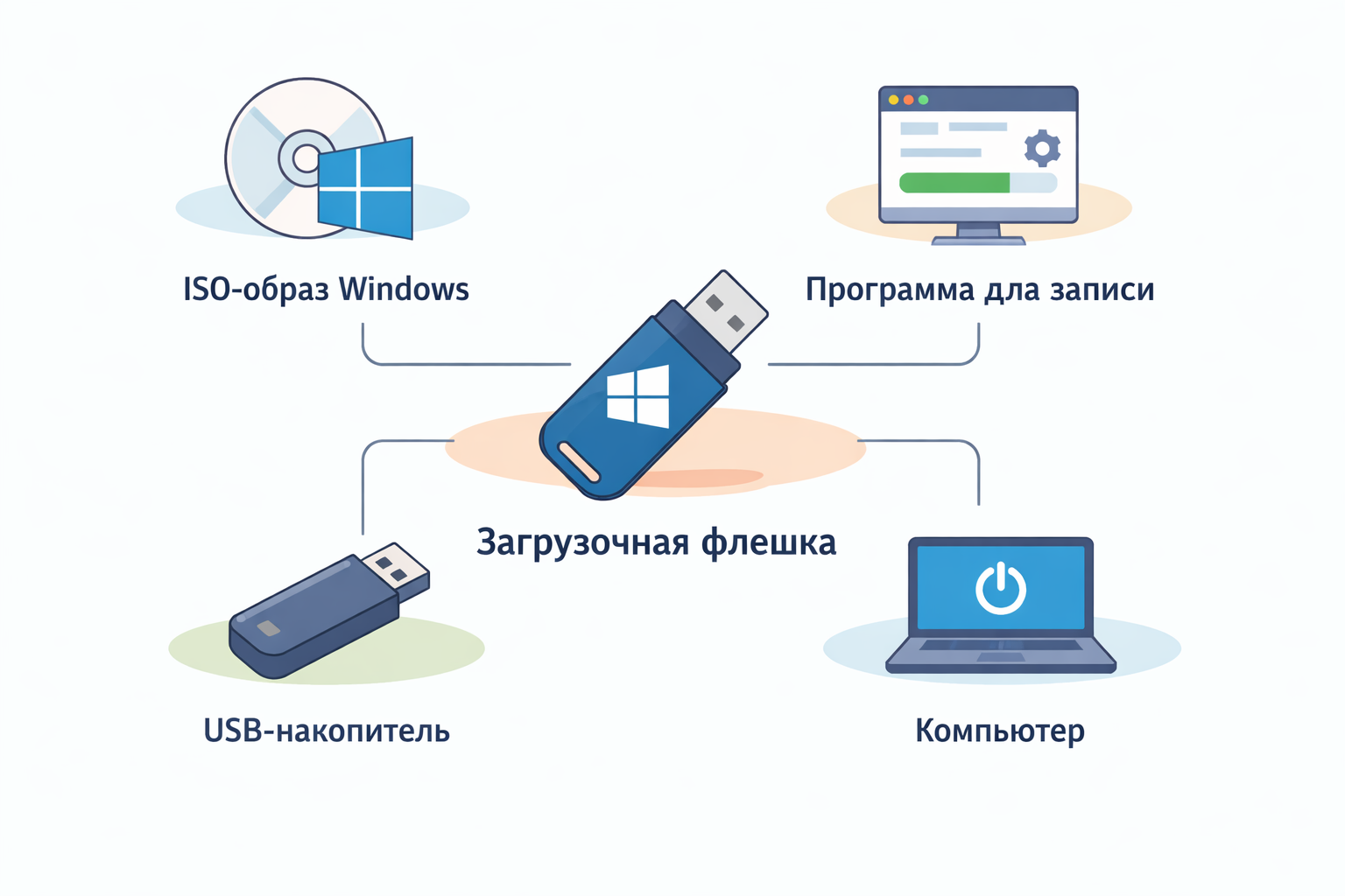 Основные компоненты для создания загрузочной флешки Windows 10: ISO-образ, программа для записи, USB-накопитель и компьютер 